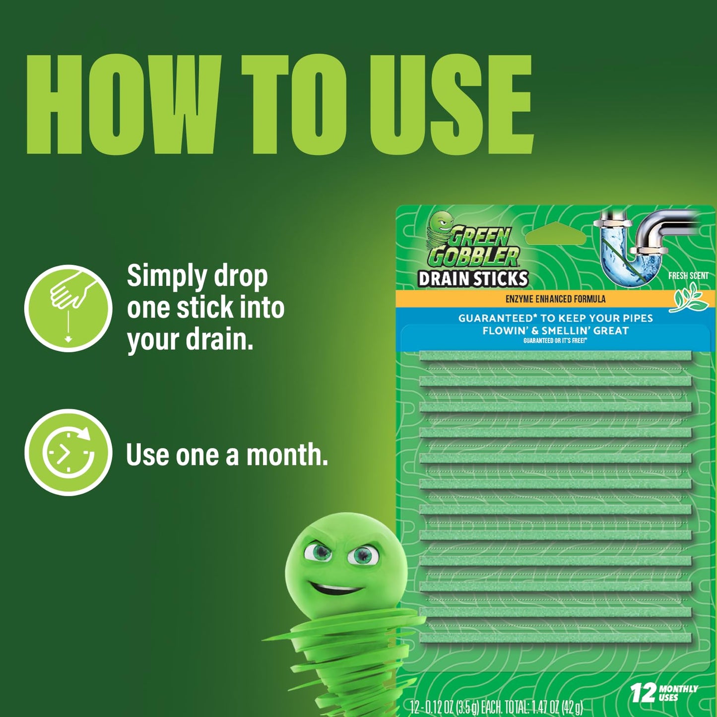 Green Gobbler BIO-Flow Drain Strips - 12 PAC (Drain Cleaner & Deodorizer)