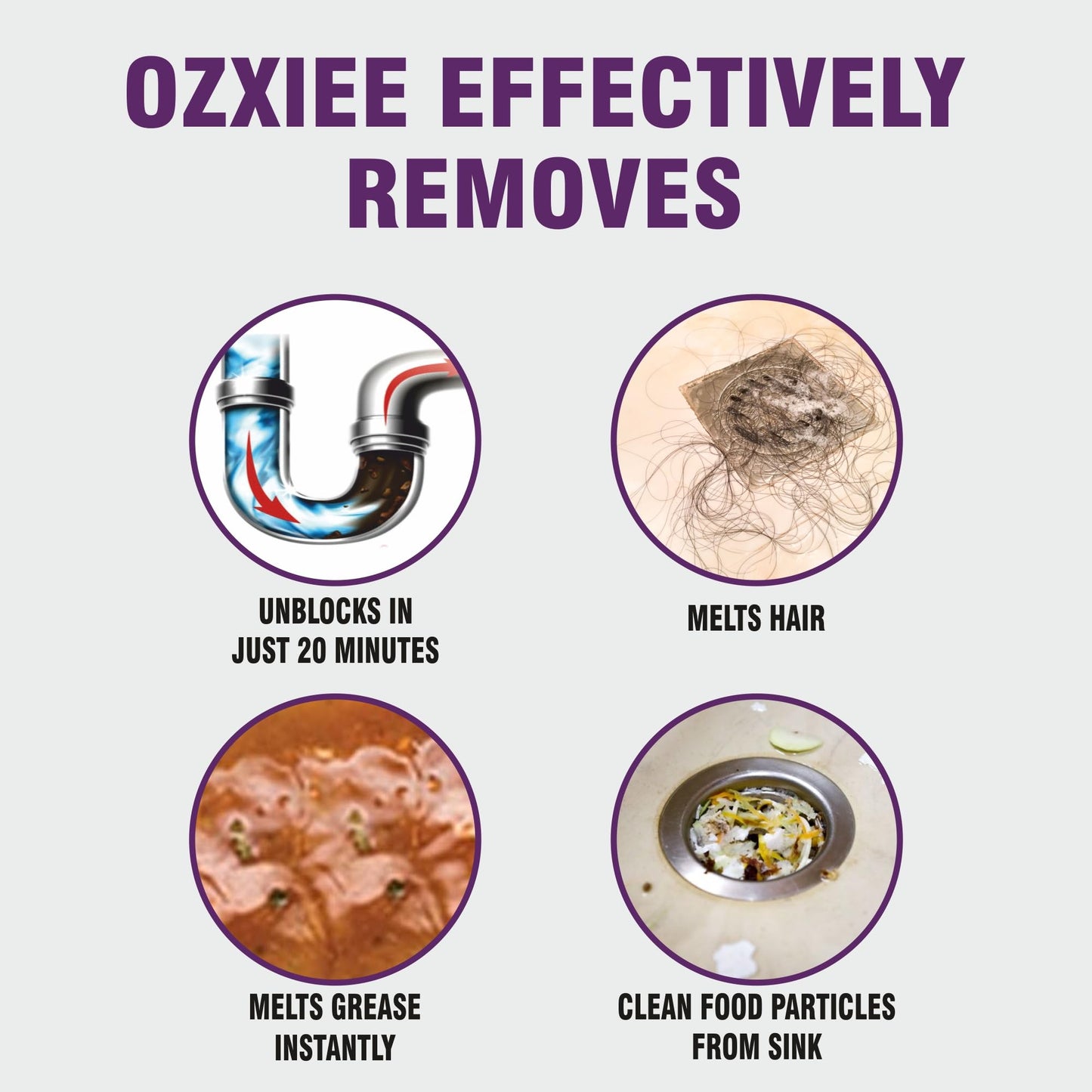 Ozxiee heavy duty Drain cleaner (450g Pack of 4) Instant Blockage opener to clear Clogged Drains sink pipe