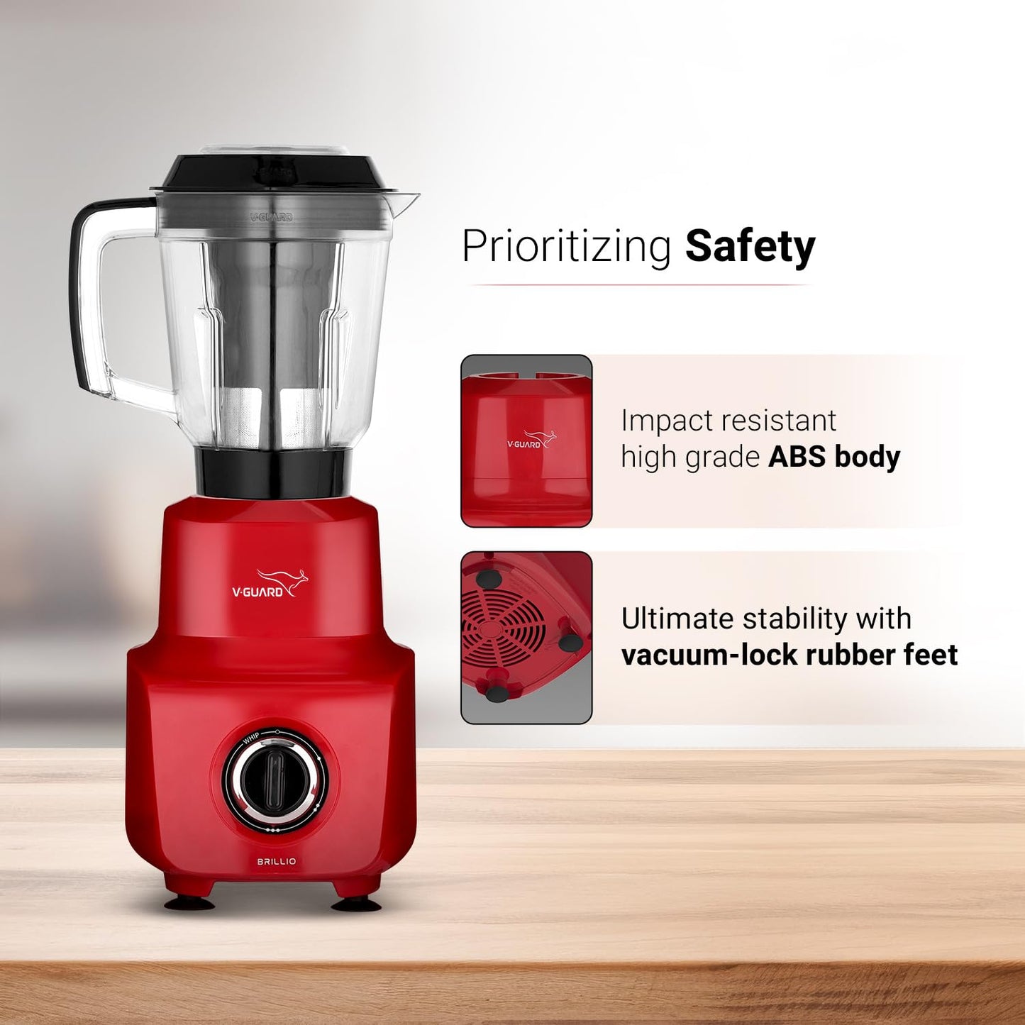 V-Guard Brillio 750 Watt Juicer Mixer Grinder, 3 Year Motor Coverage by V-Guard, 4 Jars(Chutney, Dry, Wet & Juicer), Sturdy Juicer Jar With Quadraflow Design, Precisionblend Ss Blades, Mars Red