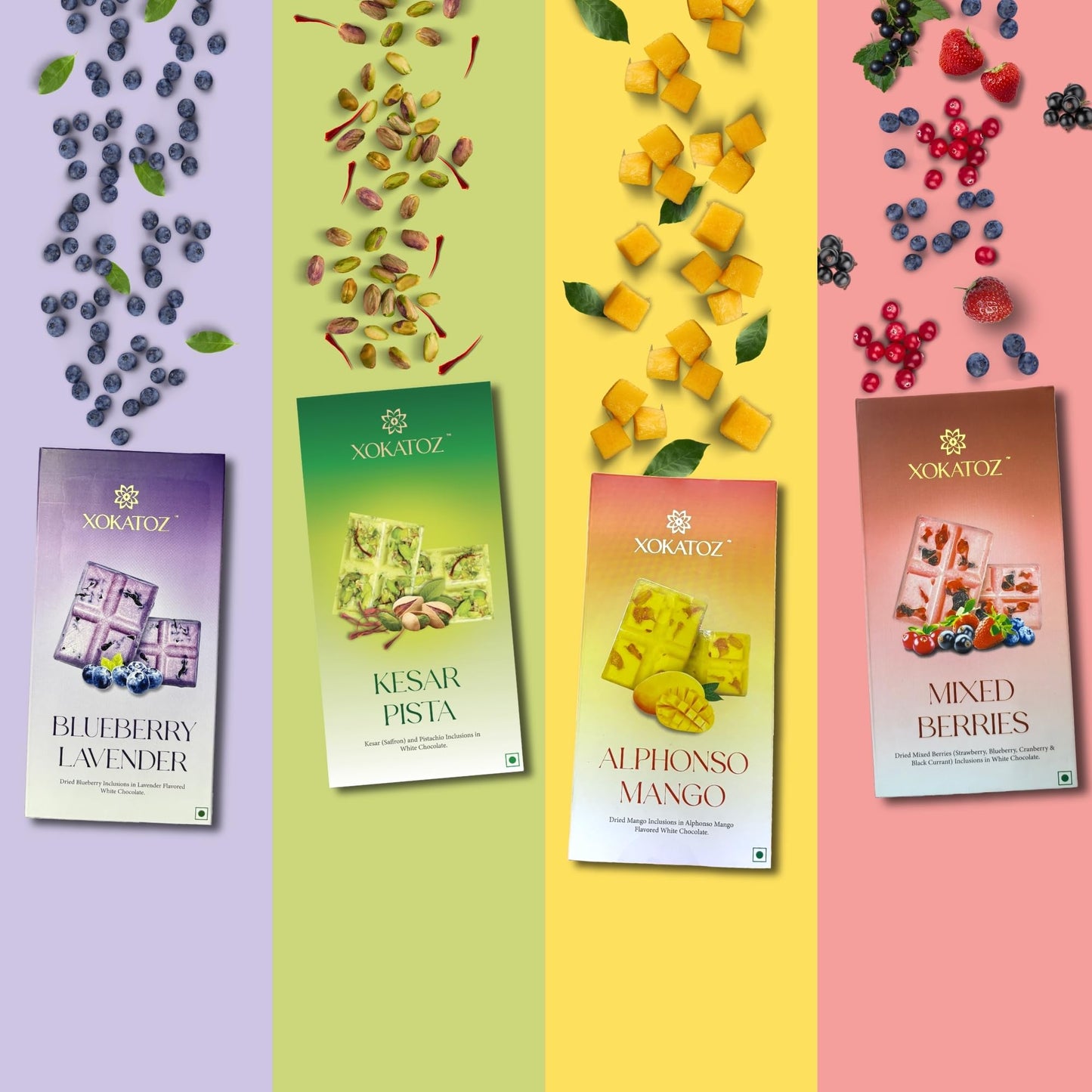 XOKATOZ Exotic Premium Chocolate - 1 Mixed Berries and 1 Blueberry Lavender Flavours - Flavoured White Chocolate Bars - Gift set - Pack of 2, 150g (75g x 2)