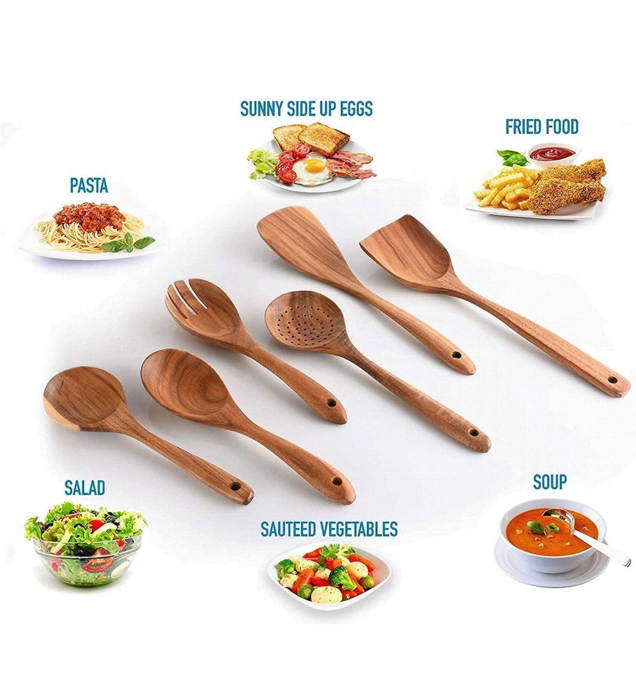 Uttam Essentials Wooden Cooking Utensil Set Non-Stick Pan Kitchen Tool Wooden Cooking Spoons and Spatulas Wooden Spoons for Cooking Salad Fork Cooking Spoon (Set of 6)