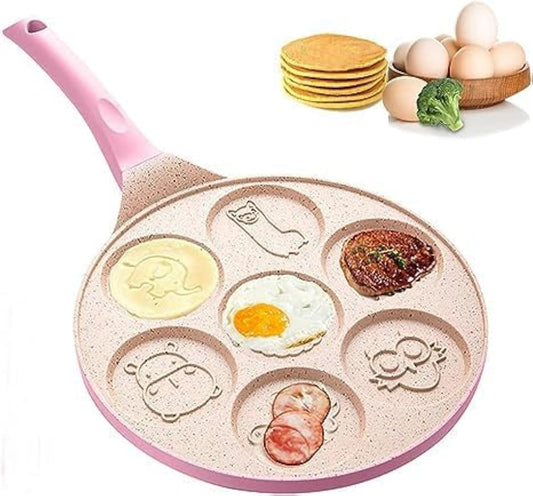 ZDQTRA 7 Mini Hole Nonstick Pancake Maker with Handle,Griddle Crepe Omelet Egg pan for Gas Stove Friendly,Unique Cute Animal Design for Kids(1pcs/Multi Color)