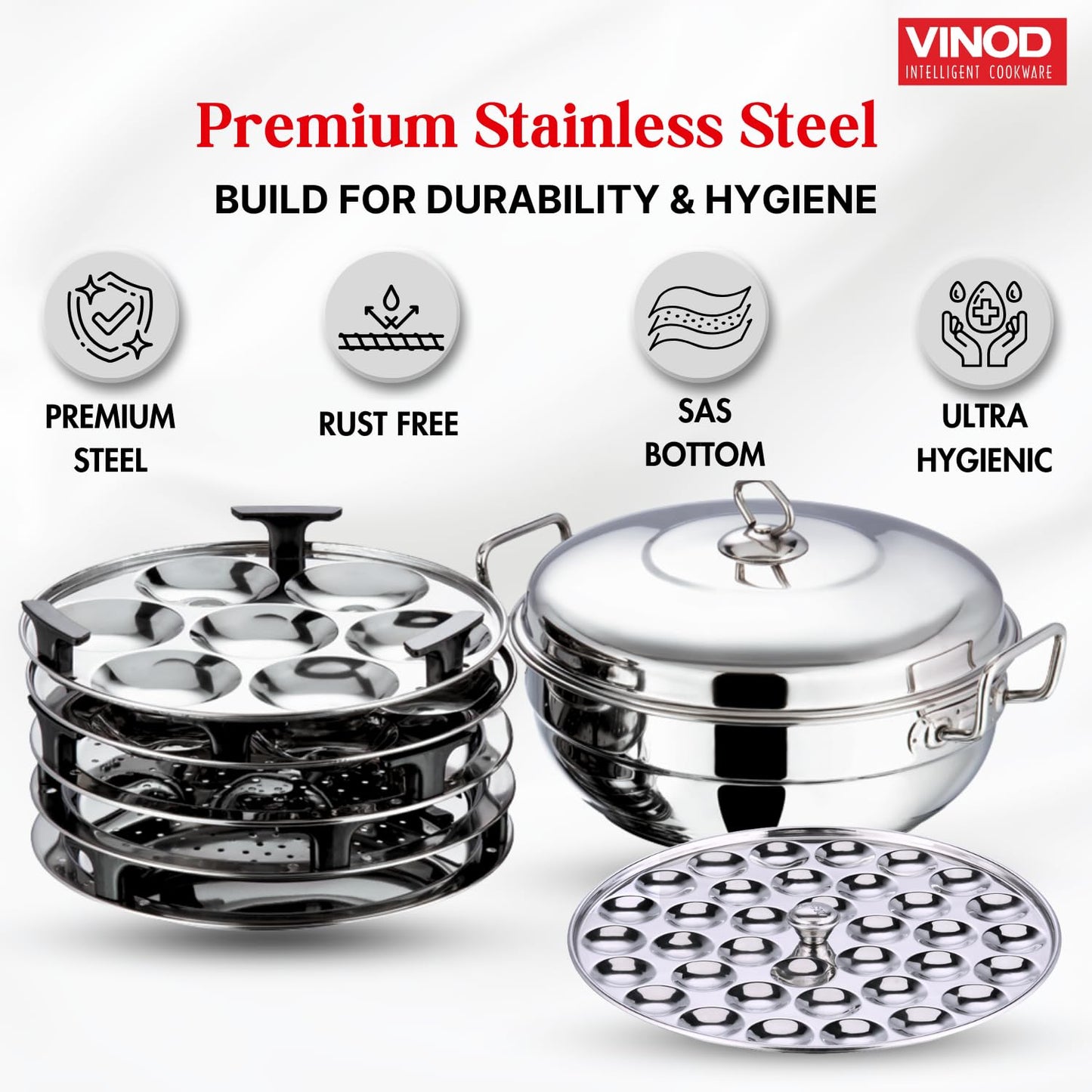 Vinod Stainless Steel Deluxe Multi Kadai with 6 Plates - 26cm, 2 Idli, 2 Dhokla,1 Patra and 1 Mini Idli Plate | Dhokla and Momos Steamer, Maker,Induction Friendly