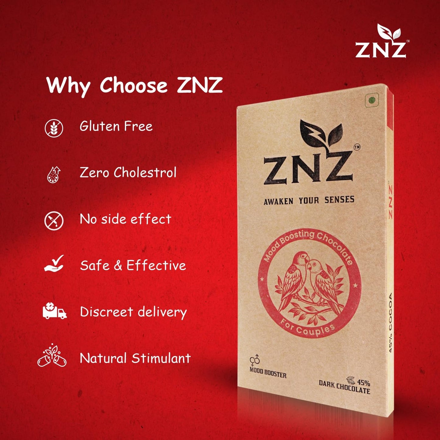ZNZ Premium Dark Chocolate for Uplifting Mood & Wellness | Vegan & Gluten-Free Delight | Valentine's Gift for Men & Women | Ideal for Couples | Vegan and Guilt free Delight | 60g (Pack of 1)