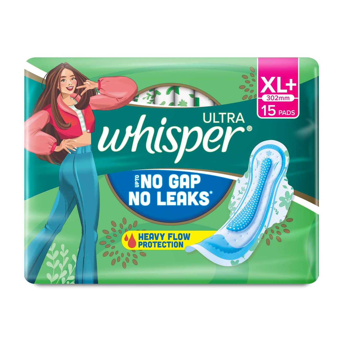 WHISPER ULTRA HYGIENE+COMFORT SANITARY PADS, 15 XL+ PADS, FOR HEAVY FLOW, LONG LASTING PROTECTION, LOCKS ODOUR & WETNESS, DRY TOP SHEET, DISPOSABLE WRAPPER