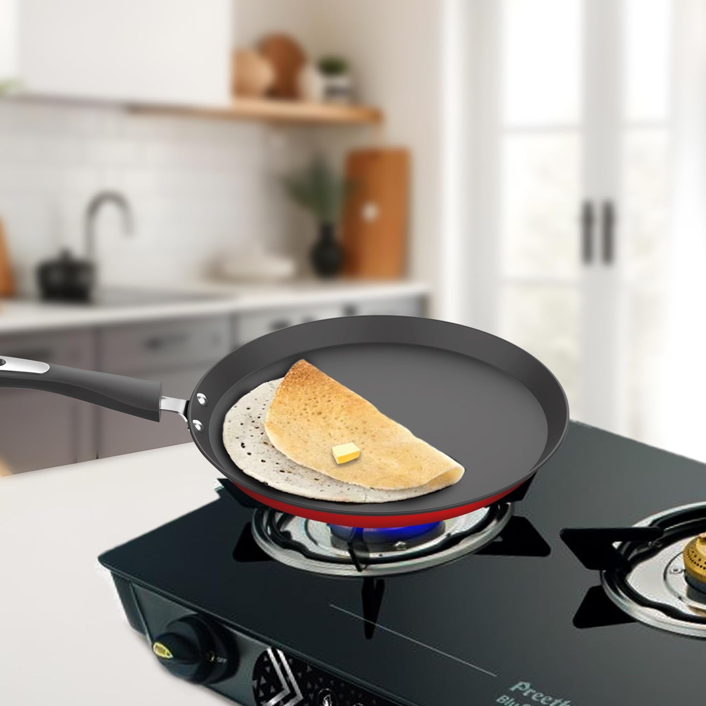 ‎Preethi Dura Collection Non Stick Tawa, 28 cm, Gas & Induction Compatible, 5 Star Non Stick Effect, Chilly Red