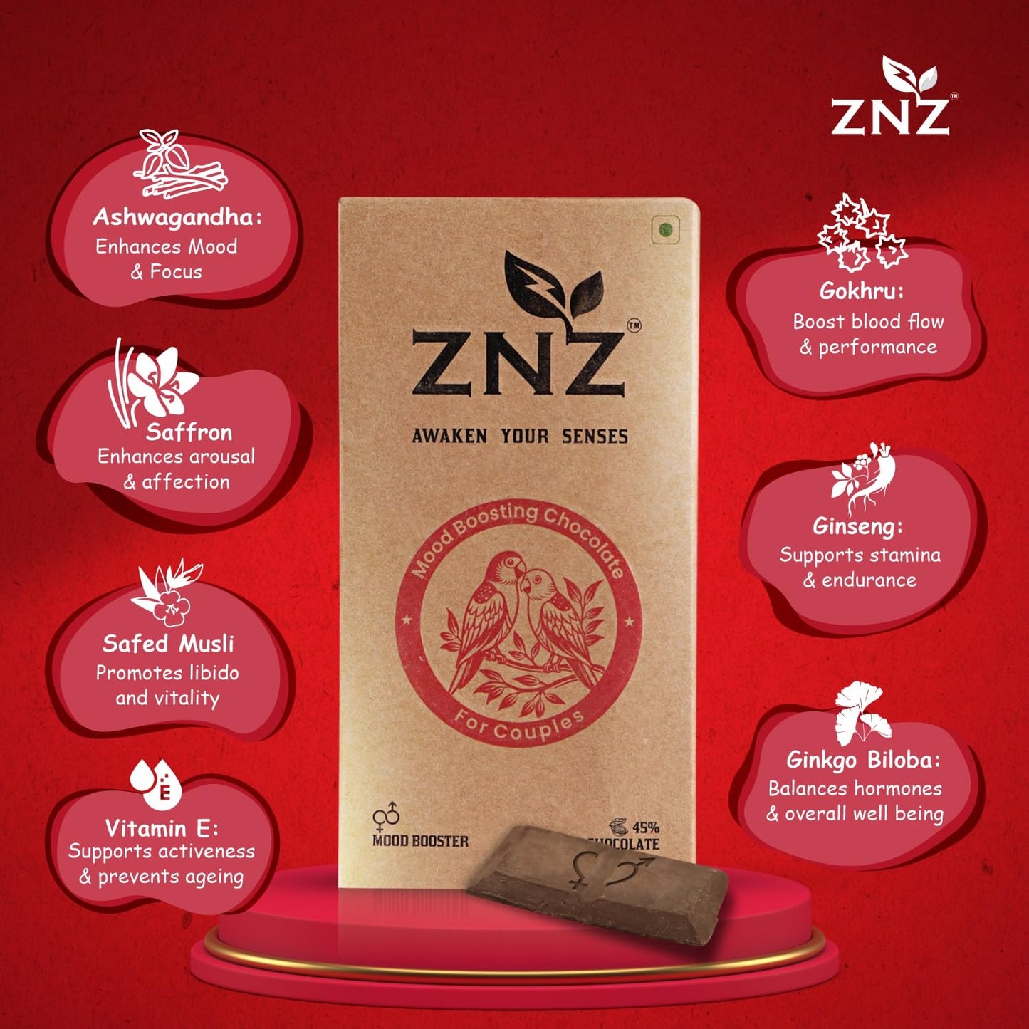 ZNZ Premium Dark Chocolate for Uplifting Mood & Wellness | Vegan & Gluten-Free Delight | Valentine's Gift for Men & Women | Ideal for Couples | Vegan and Guilt free Delight | 60g (Pack of 1)