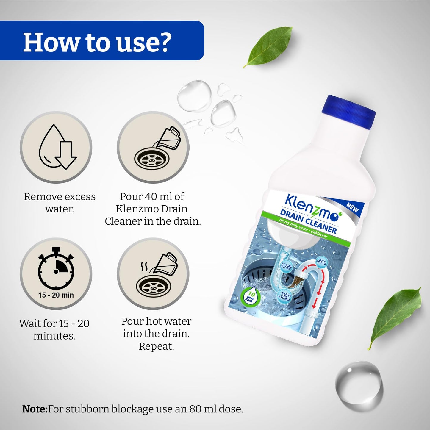 Klenzmo Drain Cleaner Liquid 400ml | Removes Blockages in Pipes, Sinks & Septic Tanks| Melts Grease & Dissolves Hair (Pack of 2)