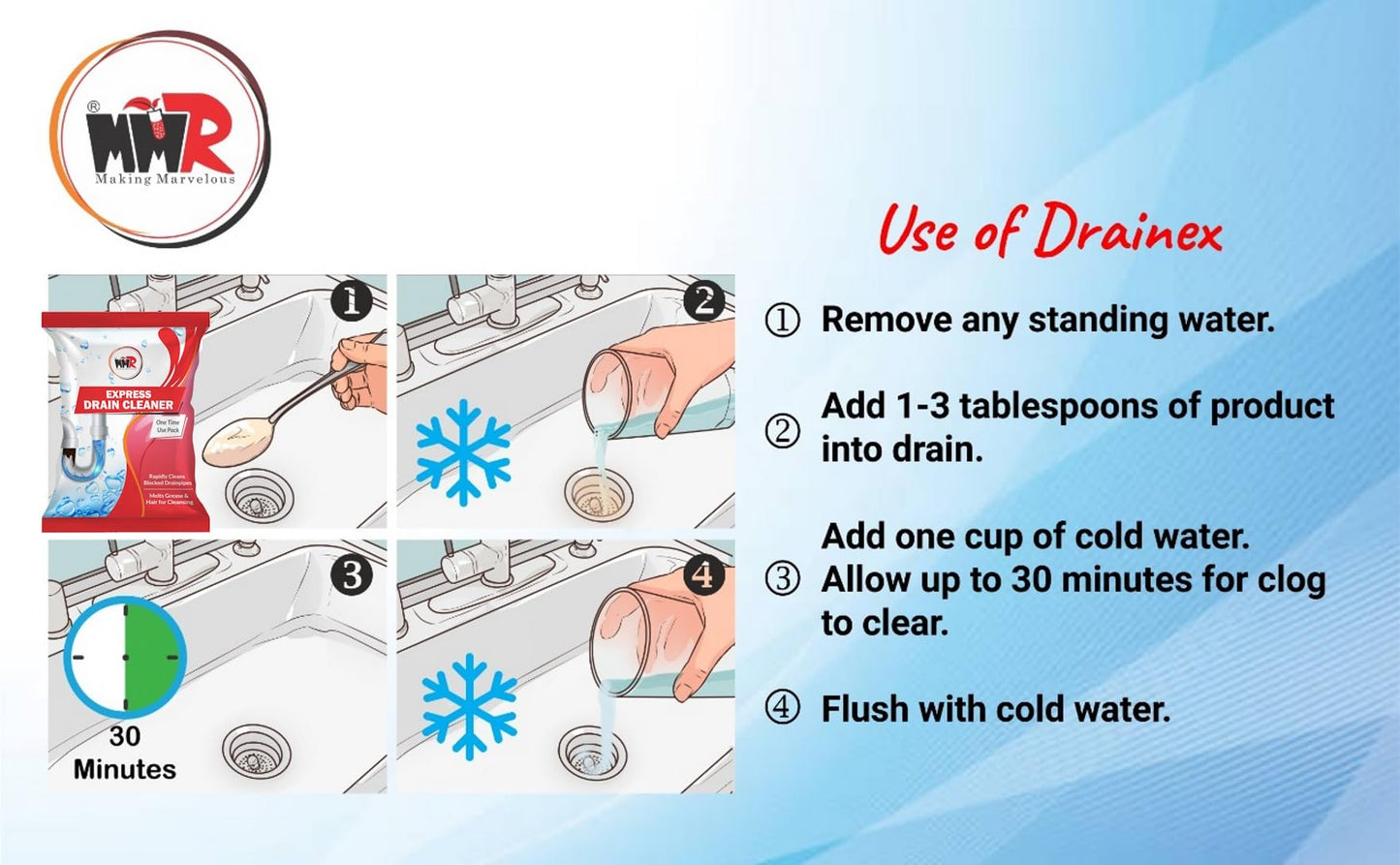 MMR Making Marvelous Drain-Insta All Pipe Safe Express Drain Cleaner powder Clear Clogged Sinks & Pipes (50gm, Pack Of 10)