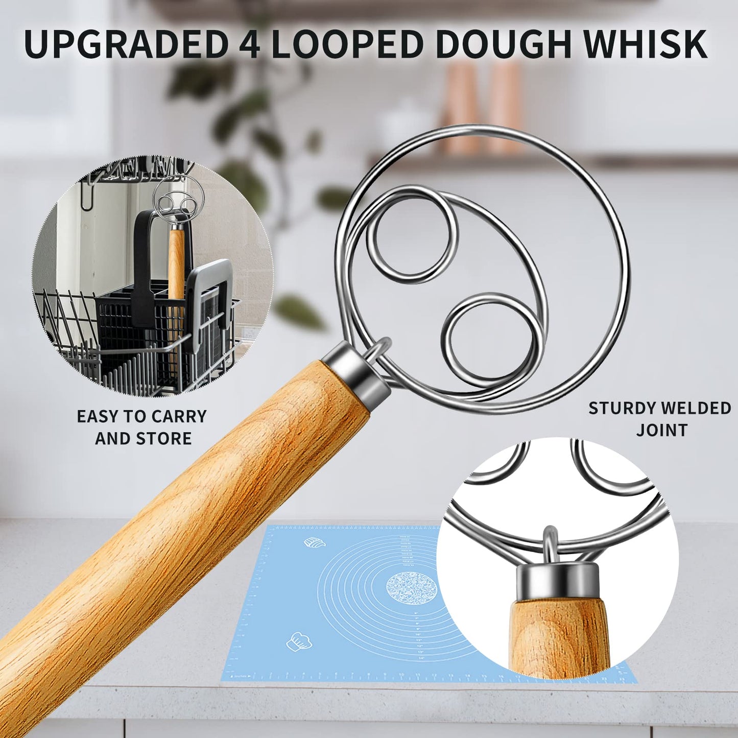 (More Efficient) TeeVea Danish Dough Whisk Stainless Steel Dutch Style Bread Dough Hand Mixer Blender Wooden Handle Kitchen Baking Tools Artisian Blender
