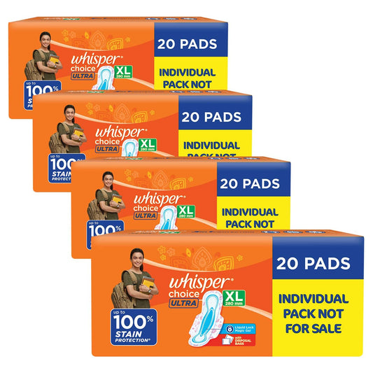 Whisper Choice Ultra Sanitary Pads,80 Xl Pads,Upto 100% Stain Protection All Day,Thin Pads With Magic Gel That Locks Liquid,Super Fast Absorption,Longer Length For Better Coverage,Disposable Wrapper