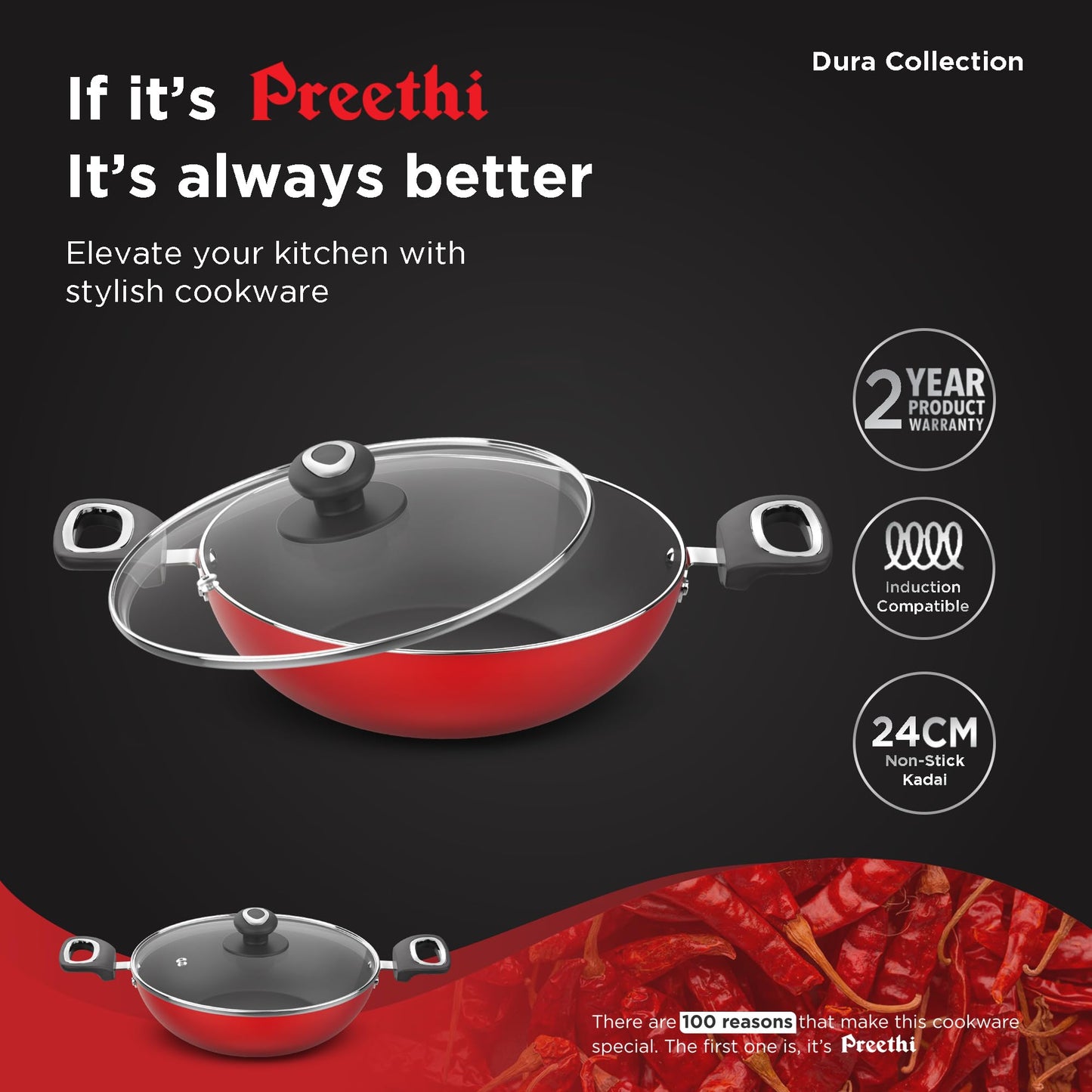 ‎Preethi Dura Collection Non Stick Kadai, 24 cm, with Glass Lid, Gas & Induction Compatible, 5 Star Non Stick Effect, Chilly Red