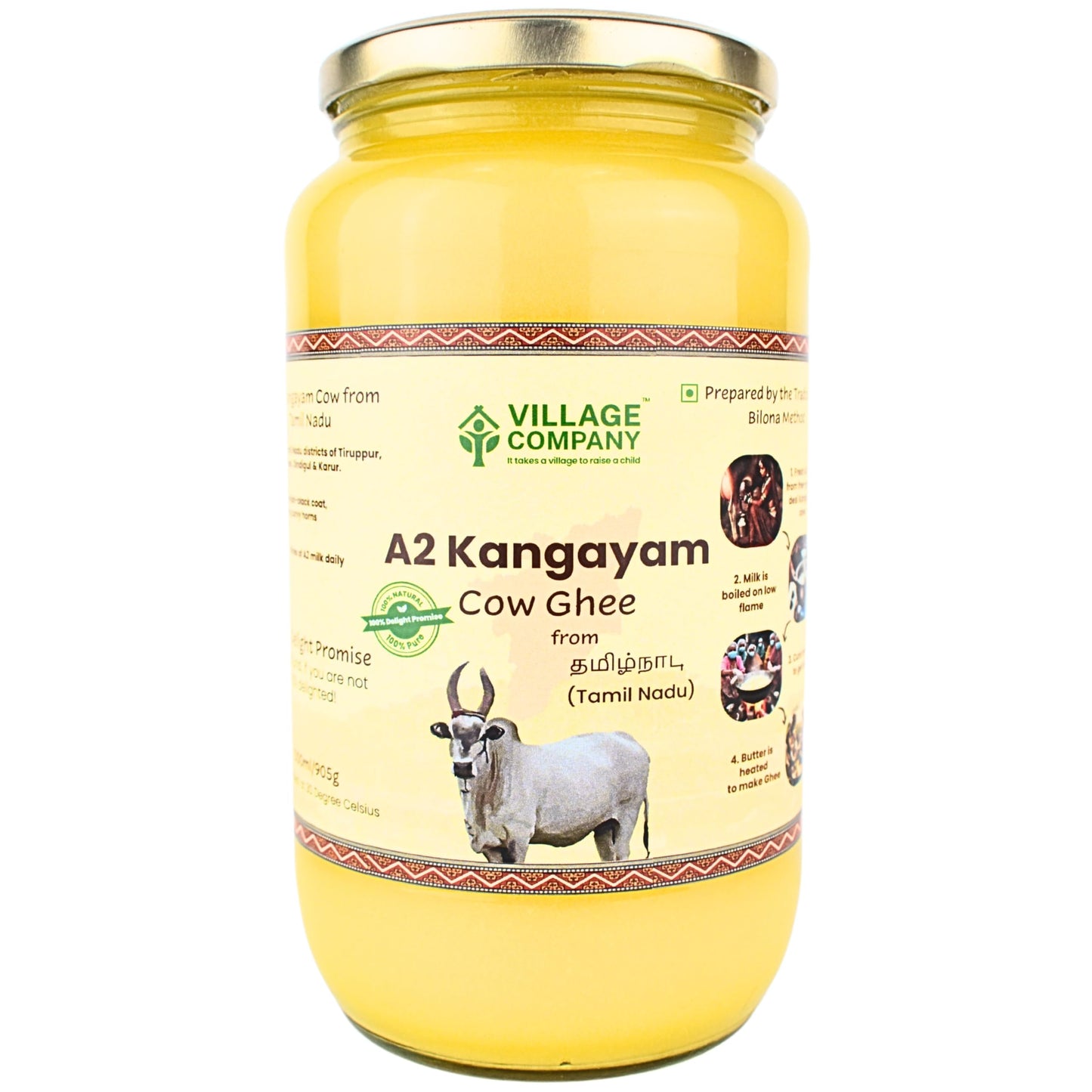 Village Company A2 Bilona Desi Cow Ghee | Bilona Method | Premium, Organic, Traditional | Grass Fed | Kangayam Desi Cow | Lab-Certified | Glass Jar 1L