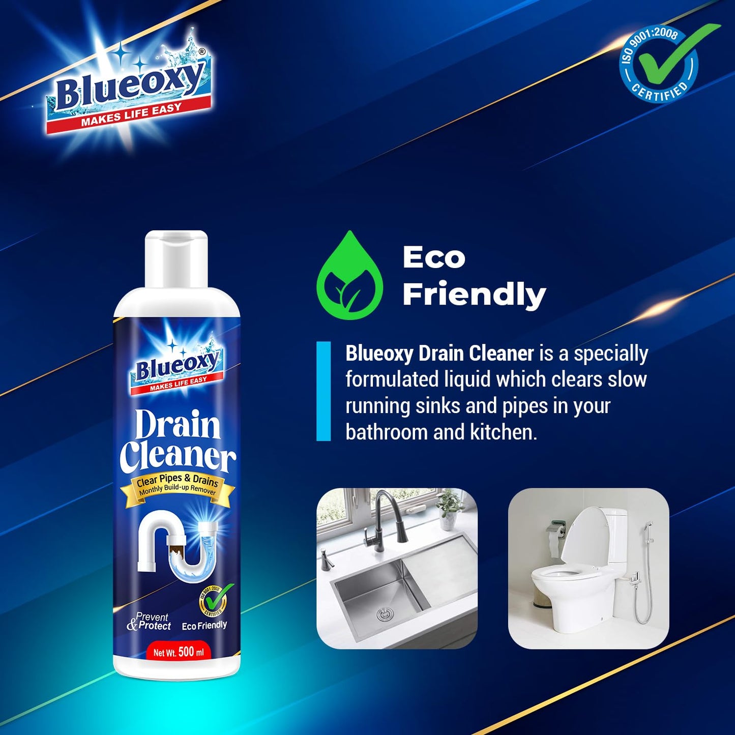 Blueoxy Drain Clog Remover Liquid | Used for Shower & Sink Drains & Pipes | Pure Gel Based | 500 Ml | Pack of 1