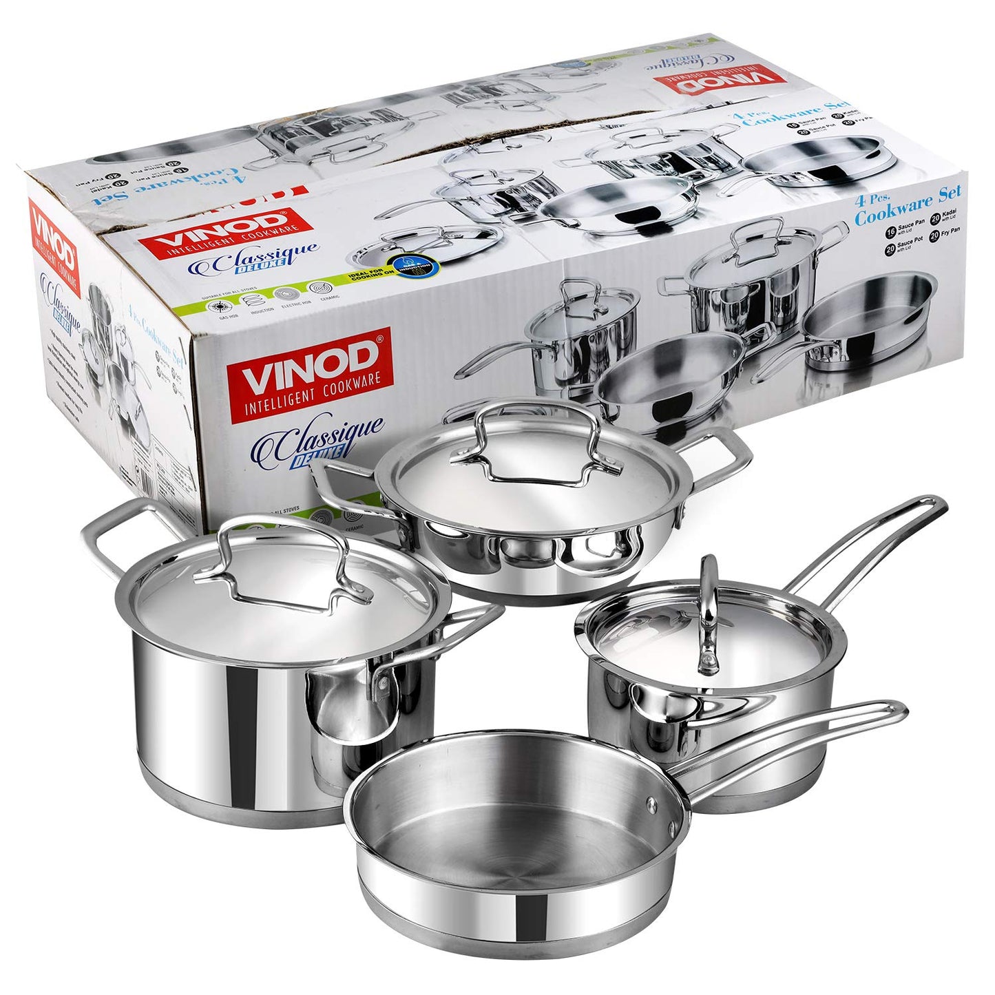 Vinod Cookware Classic Deluxe Stainless Steel Induction Friendly 4 Pcs. Set (16cm Saucepan with Lid, 18cm Sauce Pot with Lid, 20cm Kadai with Lid, 20cm Fry Pan Without Lid)