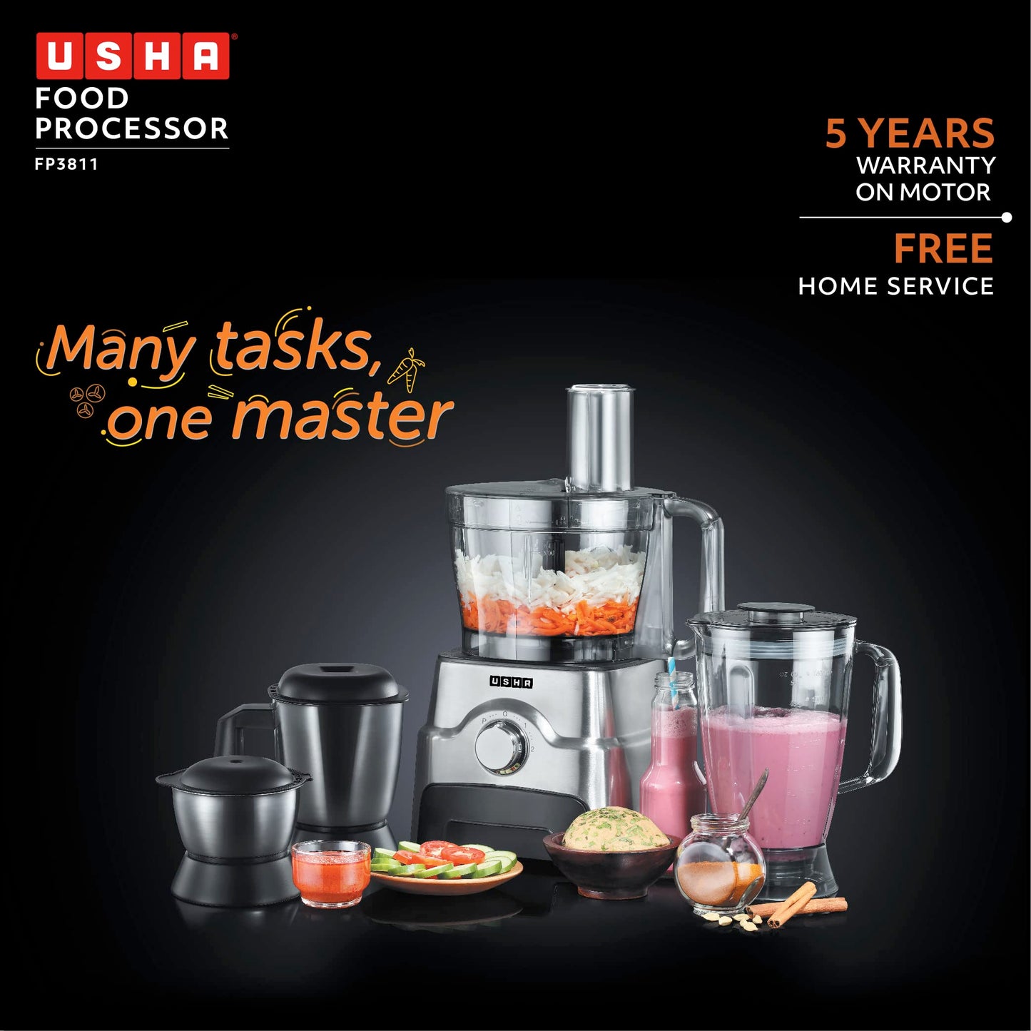 Usha FP 3811 Food Processor 1000 Watts Copper Motor with 13 Accessories(Premium SS Finish), Black and Steel