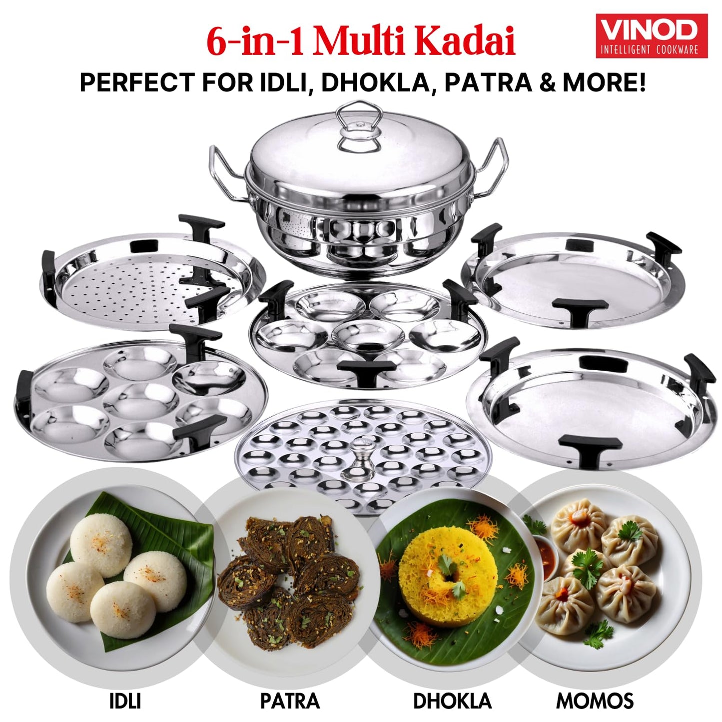 Vinod Stainless Steel Deluxe Multi Kadai with 6 Plates - 26cm, 2 Idli, 2 Dhokla,1 Patra and 1 Mini Idli Plate | Dhokla and Momos Steamer, Maker,Induction Friendly
