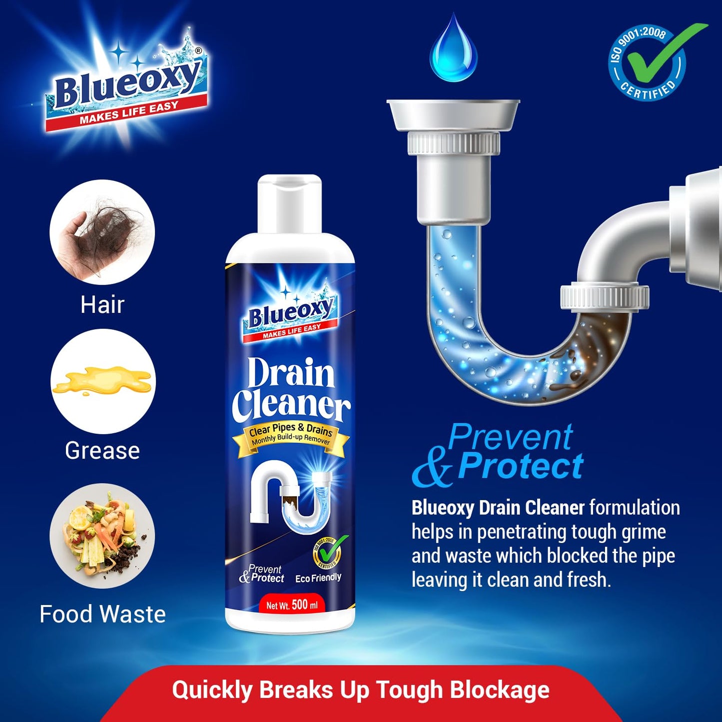 Blueoxy Drain Clog Remover Liquid | Used for Shower & Sink Drains & Pipes | Pure Gel Based | 500 Ml | Pack of 1