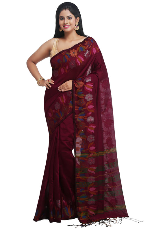 WoodenTant Womens Woven Handloom Cotton Silk Saree In Magenta With Jamdani Lotus Border
