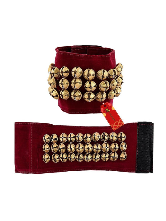 UAPAN Brass Ghungroo Ankle Bells Velvet 3 line Pad for Classical Kathak Dance with Adjustable Strap (Maroon,60 Bells)