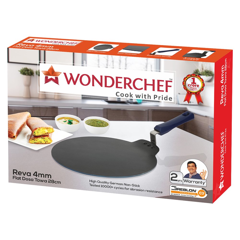 Wonderchef Reva Flat Aluminum Nonstick Dosa Tawa | 28cm Non Stick Tawa | 4mm | Black