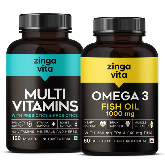 Zingavita Multivitamin and Fish Oil Combo | Multivitamin Tablets with Probiotics & Prebiotics (120 Tablets) + Maximum Strength Omega 3 Fish Oil 1000mg Capsule - 60 Count