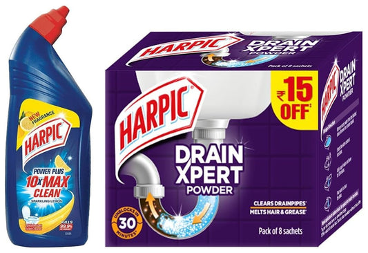 Harpic Disinfectant Toilet Cleaner Liquid, Orange - 1 L & Harpic Drain Xpert Drain Cleaner Powder (50g x 8) | Effective Sink Cleaner, Drain Blockage Remover, Drain Pipe Cleaner