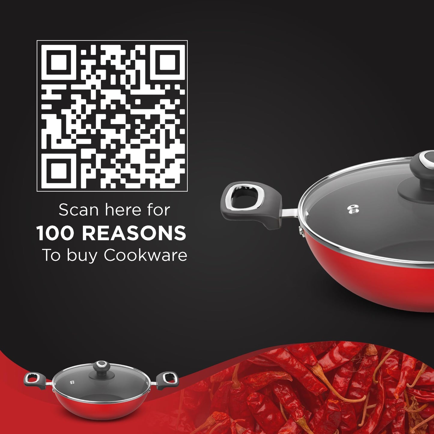 ‎Preethi Dura Collection Non Stick Kadai, 24 cm, with Glass Lid, Gas & Induction Compatible, 5 Star Non Stick Effect, Chilly Red