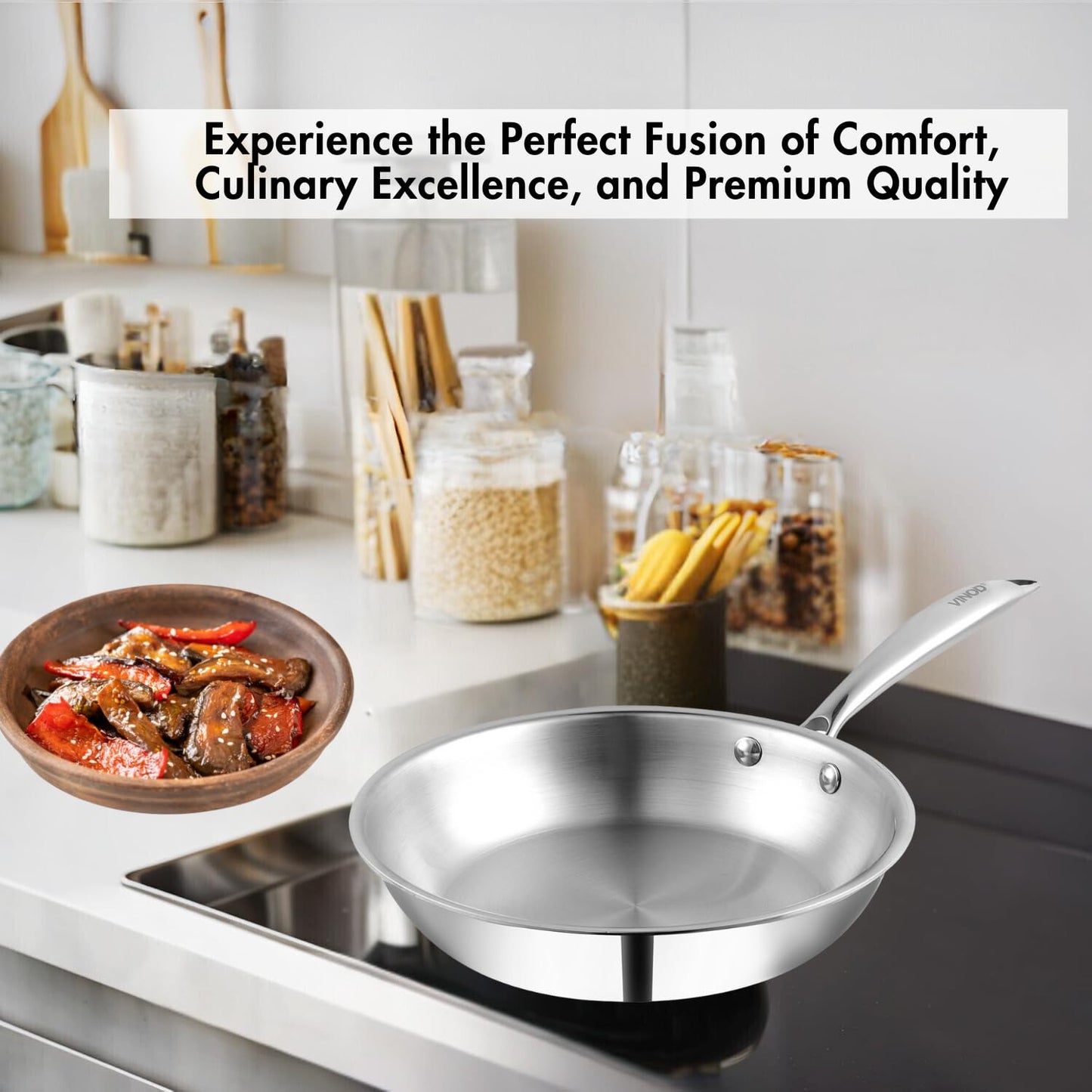 Vinod Platinum Triply Stainless Steel Frypan 20 cm | 2.5 mm Thick | Steel Pan | Scratch Resistant | 5 Year Warranty | Induction & Gas Friendly, Heavy Bottom
