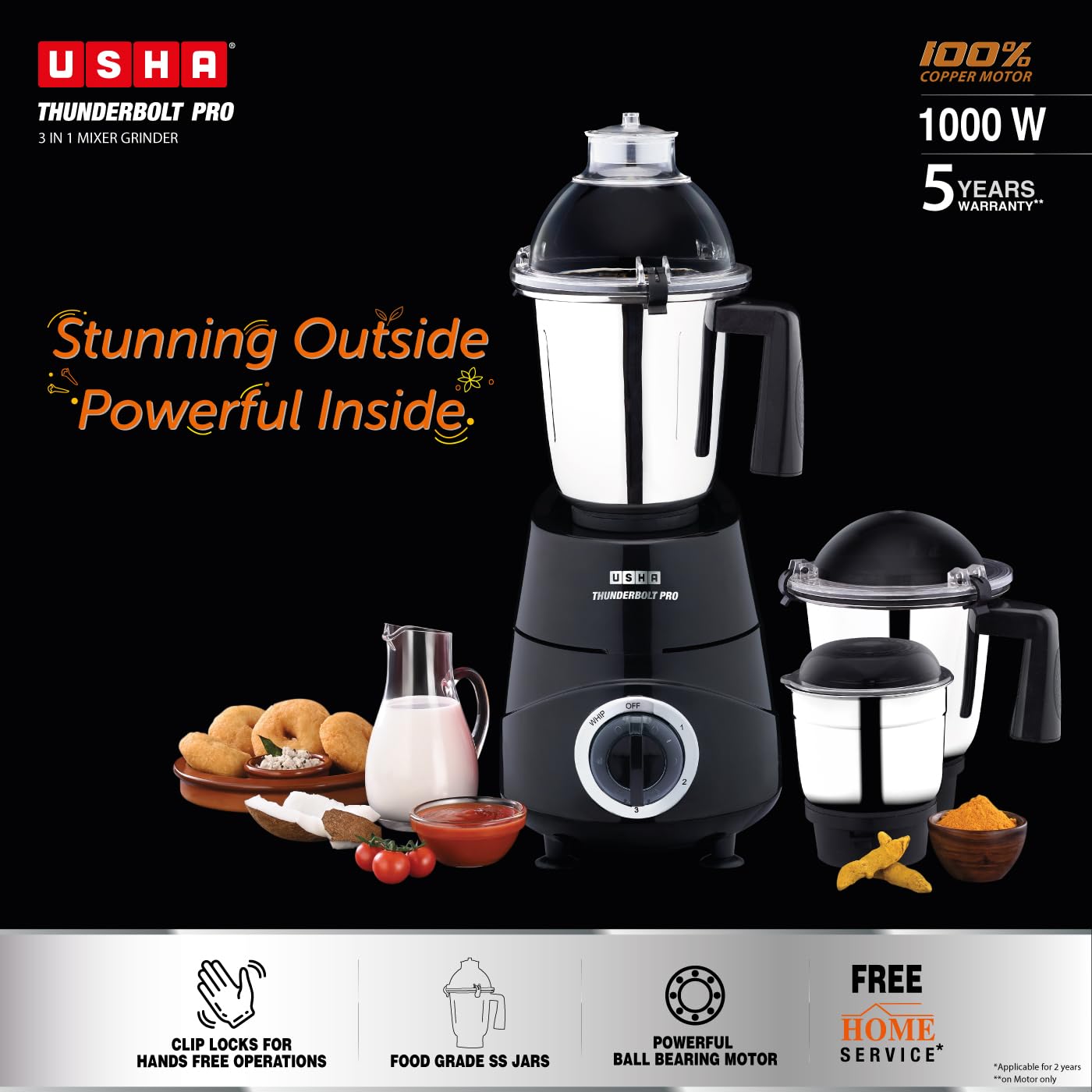 USHA Thunderbolt Pro 1000W with 3 Jars, 100% Copper Ball-Bearing Motor, Handsfree operation, 3 Jars, 3-Speed Setting with Inching option, 5 Years Warranty on Motor (Black)