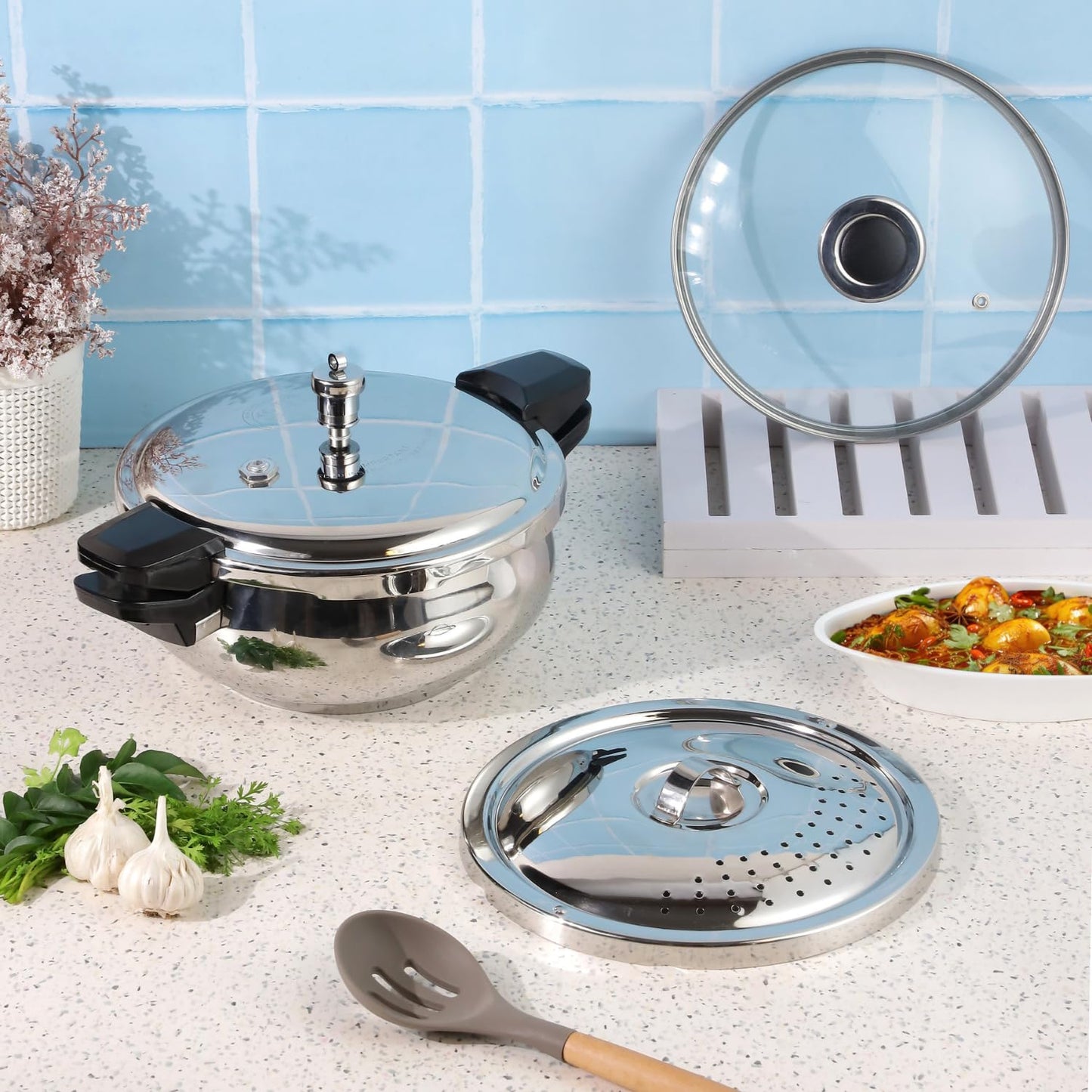 Vinod Magic Stainless Steel Smart 3 in 1 Pressure Cooker 3.5 Litre | 5mm Thick Base | All in One Cooker with Strainer & Glass Lid | Induction and Gas Base | ISI certified | 2 Years Warranty