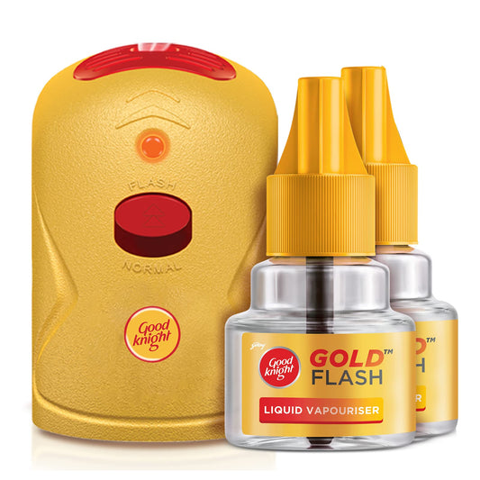 Good knight Gold Flash Liquid Vapourizer | Mosquito Repellent Combo Pack | Machine + Pack of 2 Refills (45ml Each)