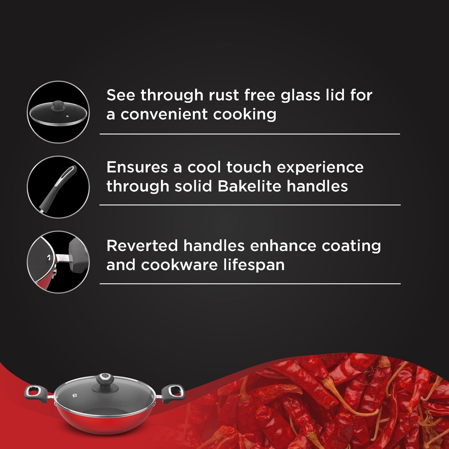 ‎Preethi Dura Collection Non Stick Kadai, 24 cm, with Glass Lid, Gas & Induction Compatible, 5 Star Non Stick Effect, Chilly Red