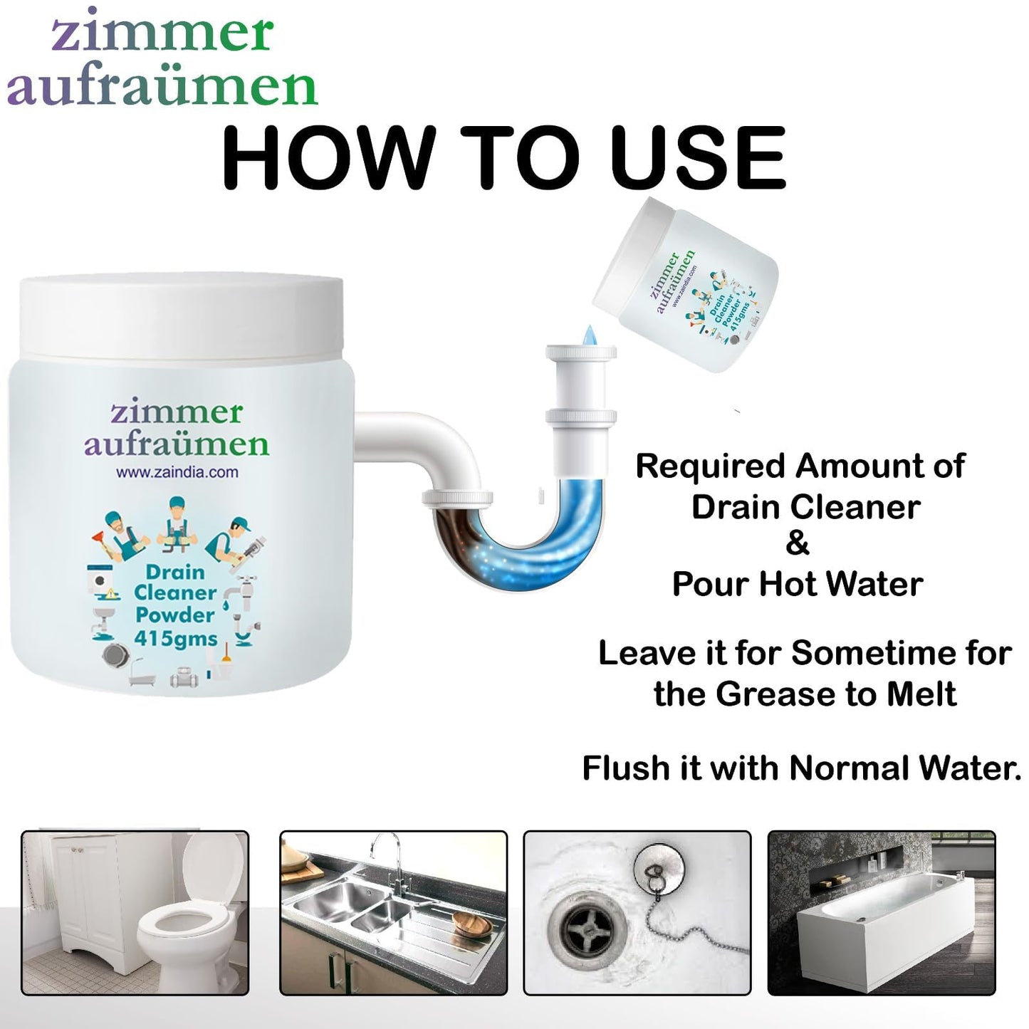 Zimmer Aufraumen 450gms Heavy Duty Drain Cleaner & Blockage Opener Powder. Opens Clogs. Dissolves Hair, Accumulated Soap Scum & Dirt. Biodegradable. Economical.