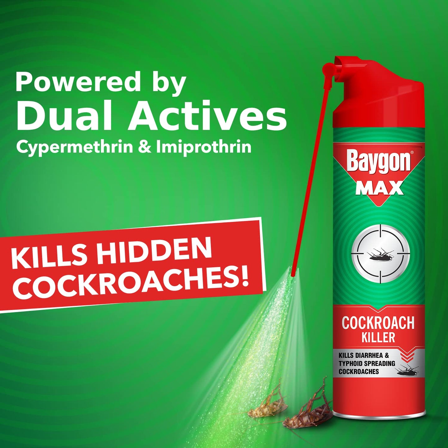 Baygon Max Cockroach Killer Spray, 625ml | Kills Diarrhea and Typhoid Spreading Cockroaches | 360 Degree Deep-Reach MaxiWand | Lasts Up To 4 Weeks