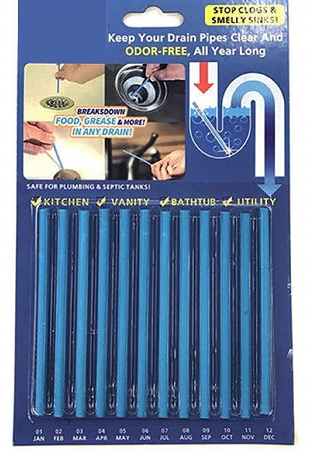 SHOPYSTAR Drain Cleaner Sticks for Kitchen Sink, Bathroom, Bathtub, Washbasin - Prevents Clogs & Blockages, Odour Remover - Blue, 12 Sticks (Pack Of 1)