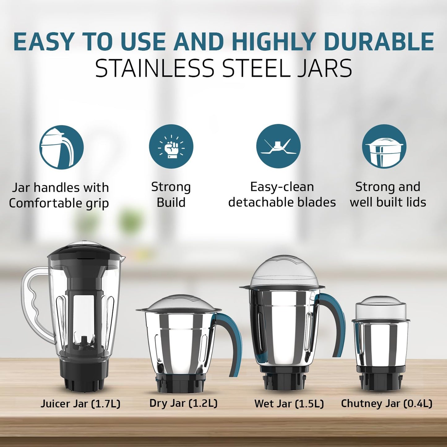 V-Guard AG 754 750 Watt Juicer Mixer Grinder, 3 Year Motor Warranty By V-Guard,4 Jars(Chutney, Dry, Wet & Juicer), Sturdy Juicer Jar with QuadraFlow Design, PrecisionBlend SS Blades, Blue-Black