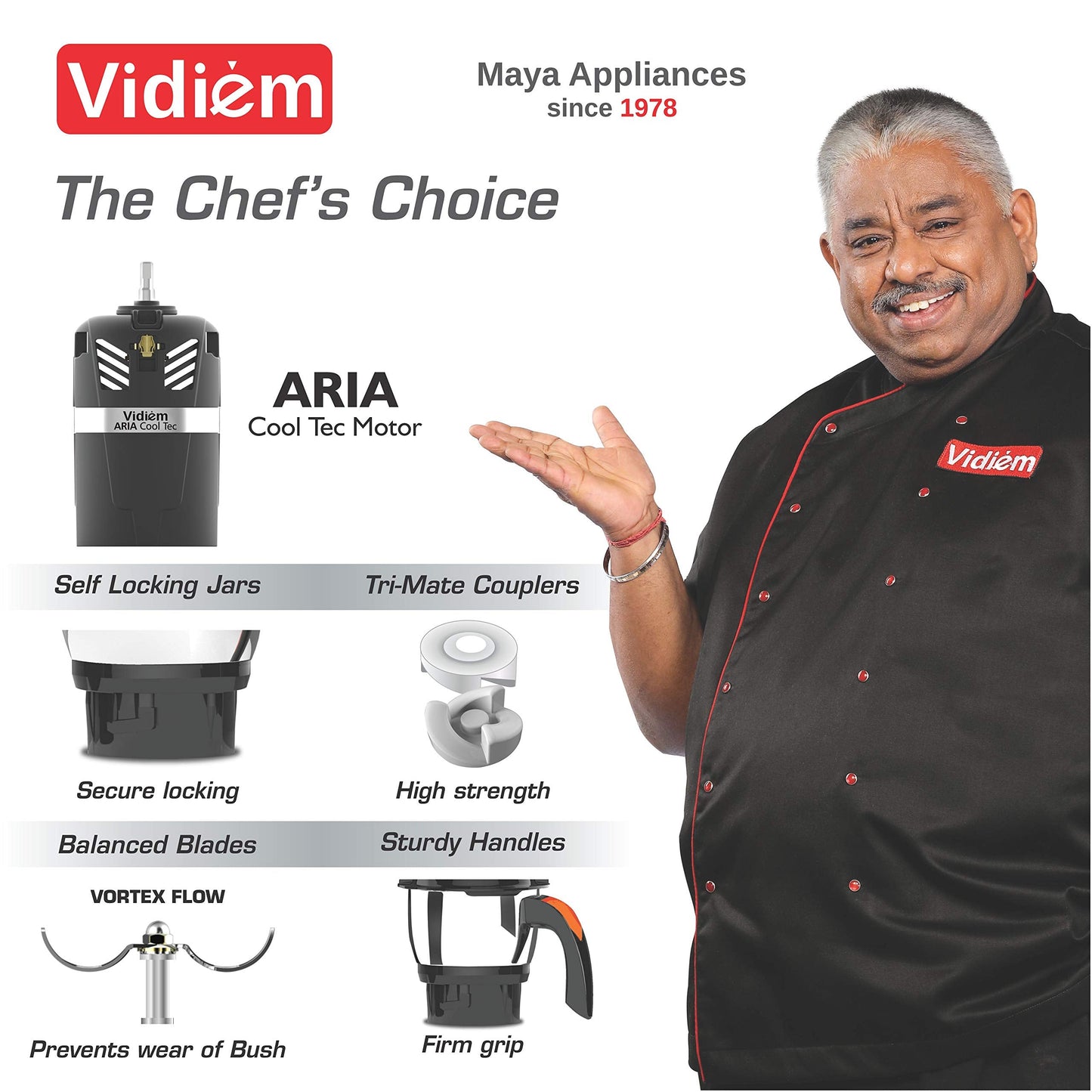 Vidiem Mixer Grinder 521 A (Grey with Orange) | Mixer grinder 750 watt with 3 Leakproof Jars with self-lock for wet & dry spices, chutneys & curries | 5 Years Warranty