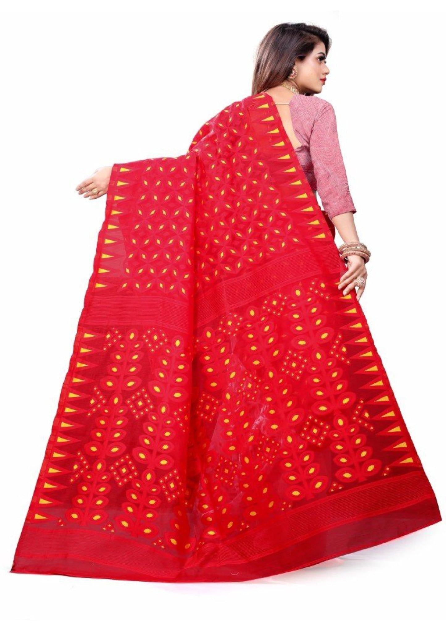 Women`s Bengal Handloom Tant Soft Dhakai Jamdani Cotton Saree Whole Body Design Without Blouse Piece (White Red)