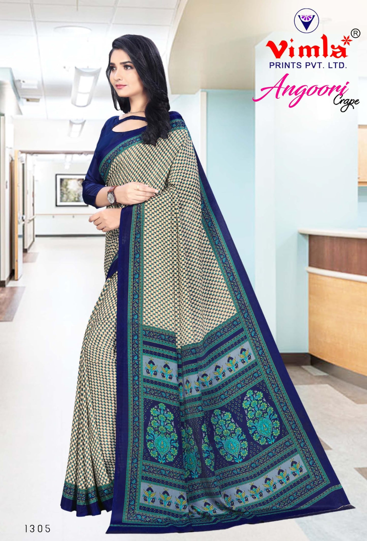 Vimla Women's Beige Crepe Silk Uniform Saree with Blouse (Beige; 1305_AC_Free Size)