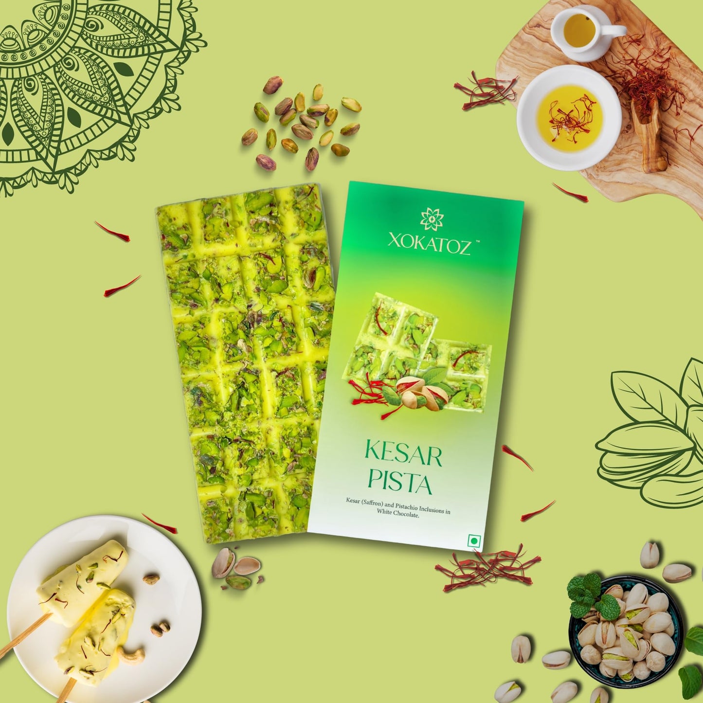 XOKATOZ Exotic Premium Chocolate - 1 Mixed Berries and 1 Kesar Pista Flavours - Flavoured White Chocolate Bars - Gift Set- Pack of 2, 150g (75g x 2)