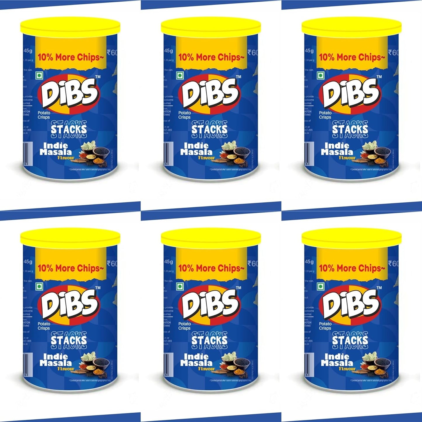 Dibs stacks (Pack of 6, 45 GM Each) Indie Masala Potato Crisps Chips On the Go Adventure, Crunchy Healthy and Tasty Chips, Snacks Chips