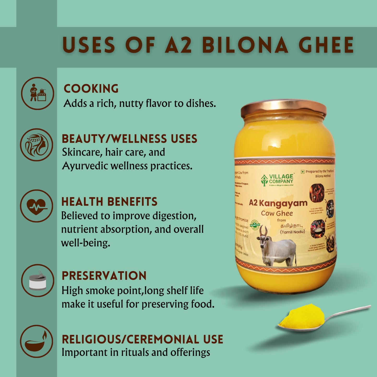 Village Company A2 Bilona Desi Cow Ghee | Bilona Method | Premium, Organic, Traditional | Grass Fed | Kangayam Desi Cow | Lab-Certified | Glass Jar 1L