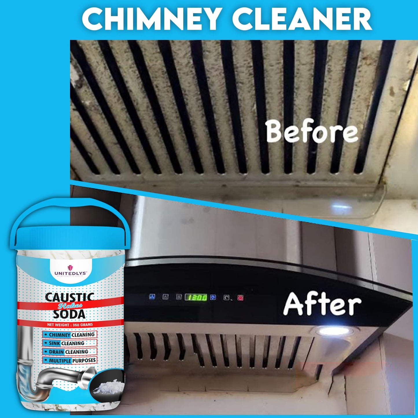 Unitedlys® Caustic Soda Drainage Block Remover 350G | Fast-Acting, Non-Toxic & Odorless Drain Cleaner Powder | Caustic Soda for Drain Cleaning | Sink Cleaner, Drain Pipe Cleaner & Drainage Cleaner