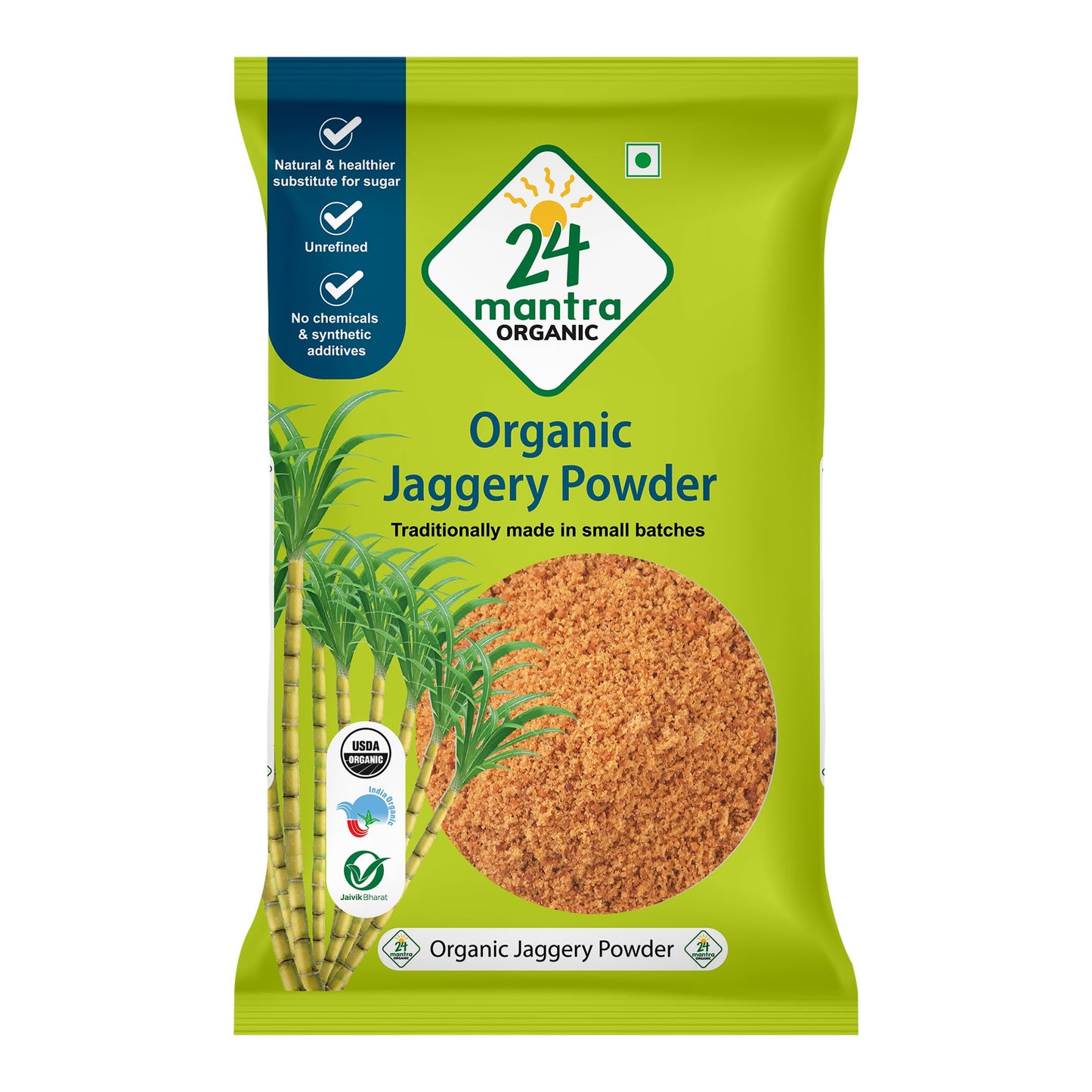 24 Mantra Organic Unbleached Jaggery Powder 500 gms, Healthy Sugar Substitute, Unrefined & Unadulterated | Certified Organic & Chemical Free