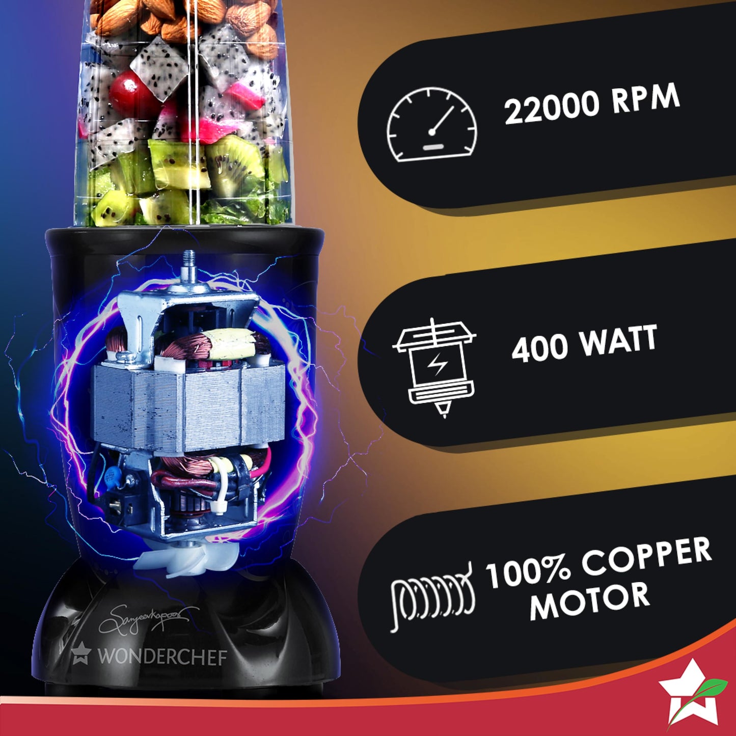 Wonderchef Nutri-blend Juicer, Mixer, Grinder| 500 watts 100% Full Copper Motor| Complete Kitchen Machine|4 Unbreakable Jars|2 Years Warranty|Recipe Book By Chef Sanjeev Kapoor|Black