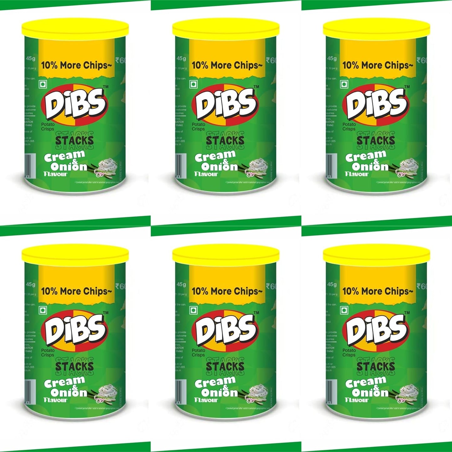 Dibs stacks (Pack of 6, 45 GM Each) Cream N Onion Potato Crisps Chips On the Go Adventure, Crunchy Healthy and Tasty Chips, Snacks Chips