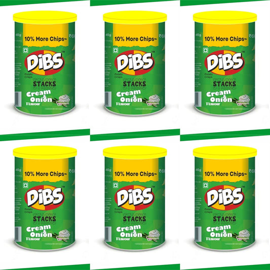 Dibs stacks (Pack of 6, 45 GM Each) Cream N Onion Potato Crisps Chips On the Go Adventure, Crunchy Healthy and Tasty Chips, Snacks Chips