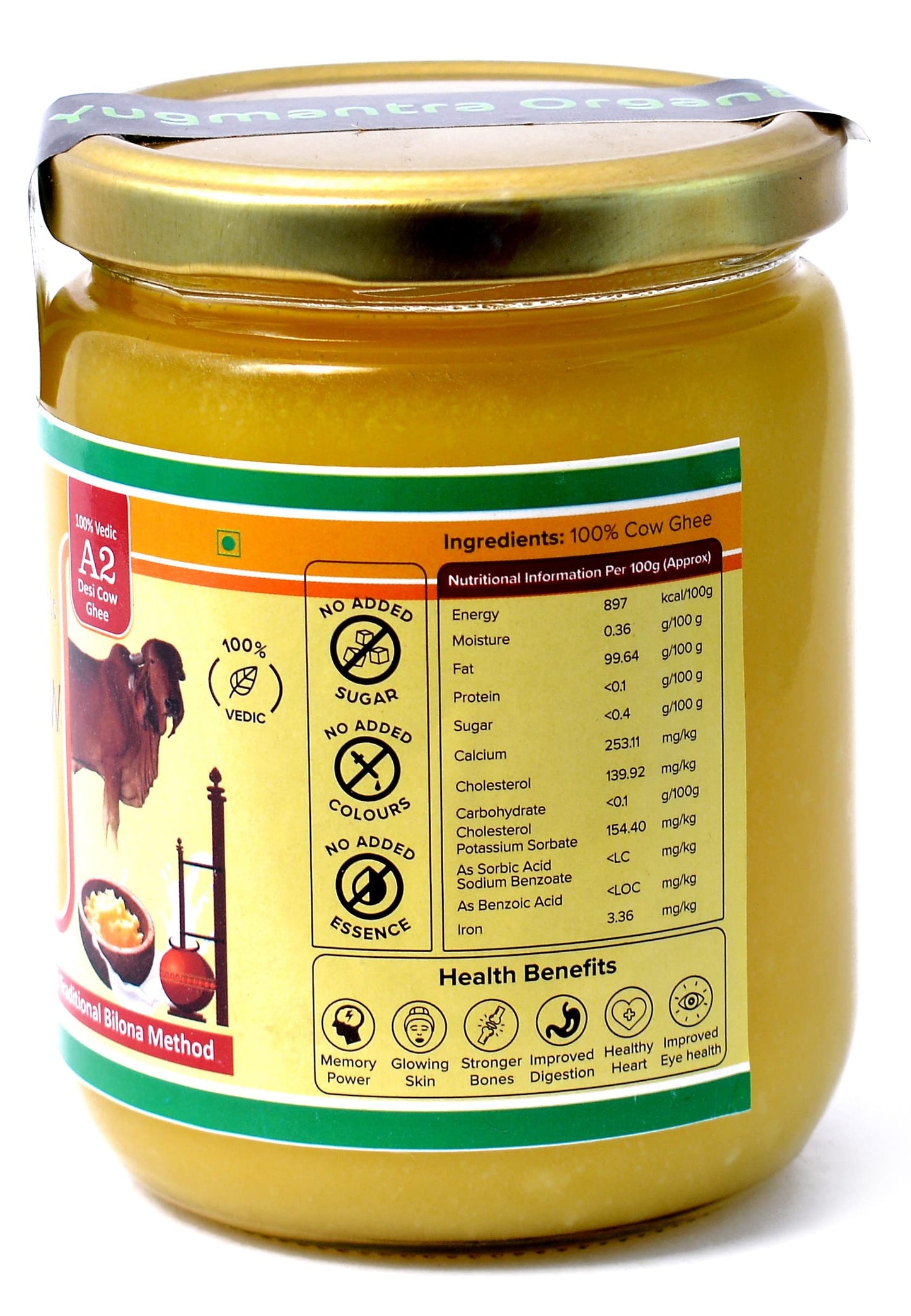 Yugmantra Organic Foods -100 % Natural Pure & Aromatic Desi Sahiwal Cow Ghee -Traditional Churned With Bilona Method|No Added Additives|A2 Danedar Desi Ghee|Immunity Booster - Glass Bottle - 1000 Ml