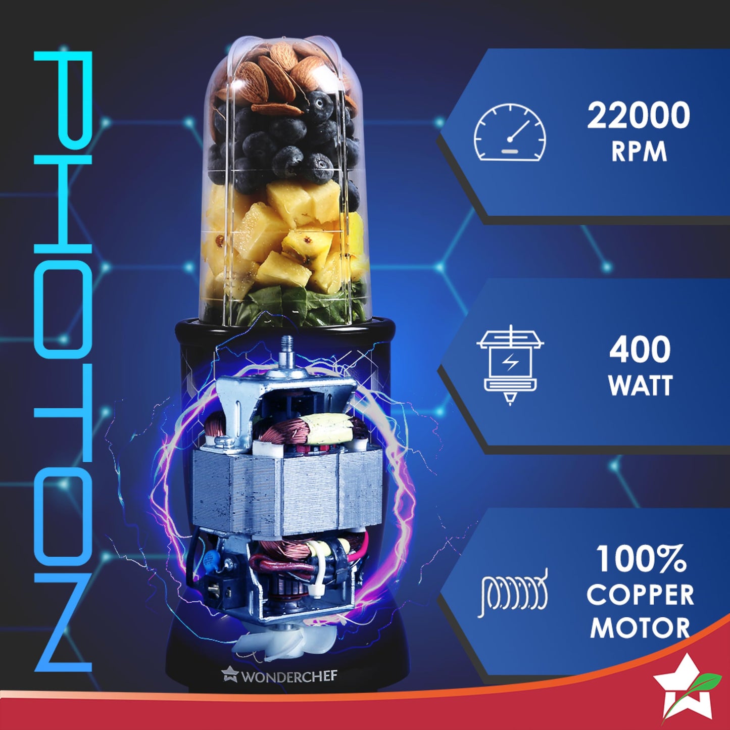 Wonderchef Nutri Blend Photon with Sipper Lid|Mixer, Grinder,Blender & Smoothie Maker|22000 RPM, 400W 100% Full Copper Motor|2 Unbreakable Jars|2 Year Warranty|Recipe book by Chef Sanjeev Kapoor|Black